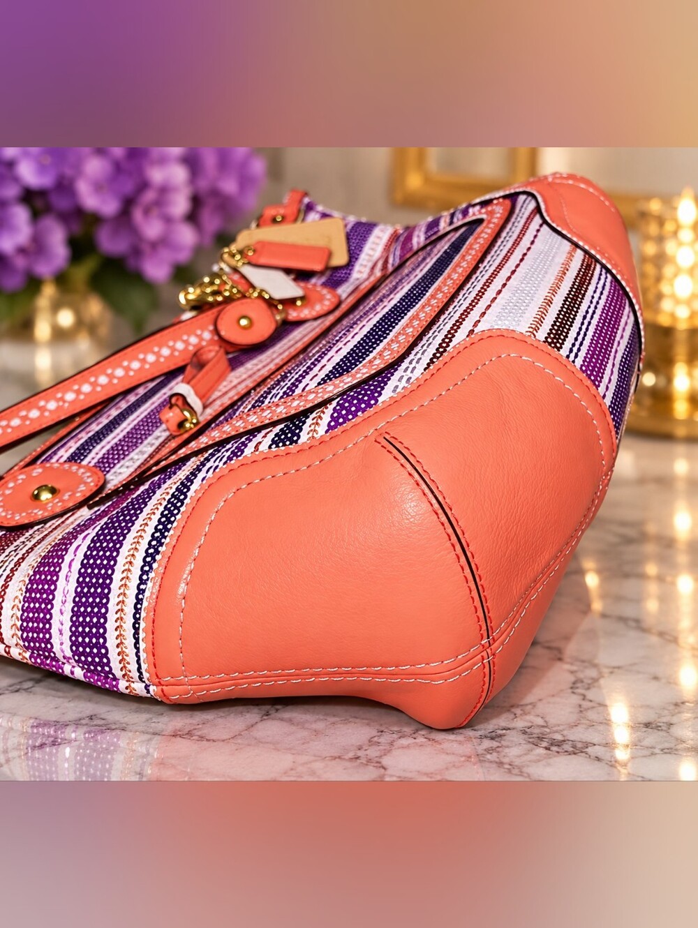 Coach Poppy Sequin Stripe Tote 23843 Orange Purple Gold Chain Y2K Style - Picture 3 of 5